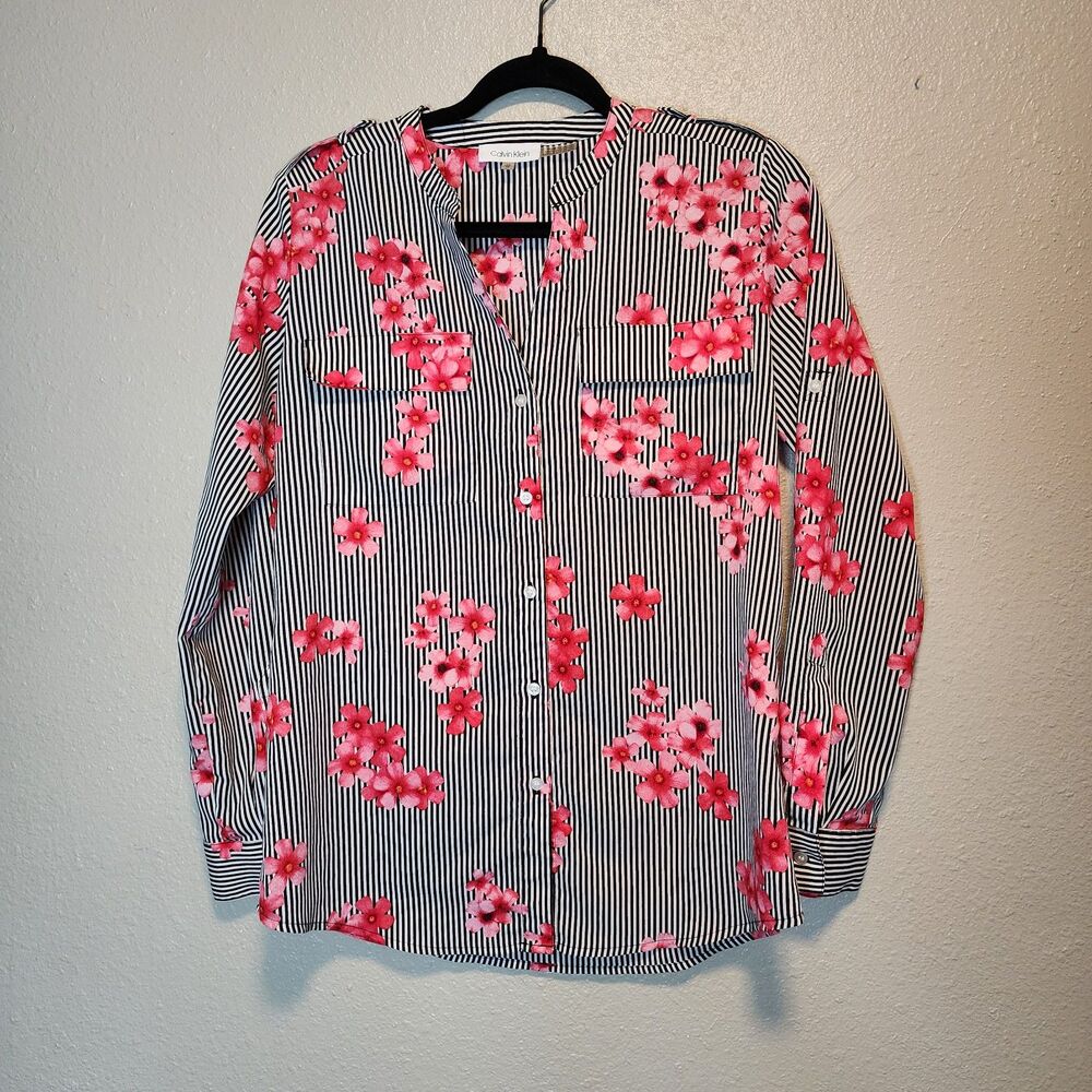 Calvin Klein Cherry Blossom Striped Blouse Size XS